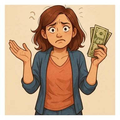 detailed illustration of a female character with a confused expression, hands up in the air, holding money, looking helpless sticker
