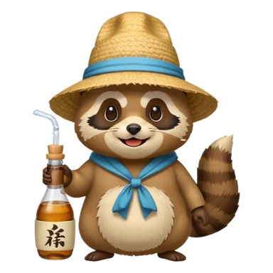 japanese tanuki with straw hat and sake bottle sticker