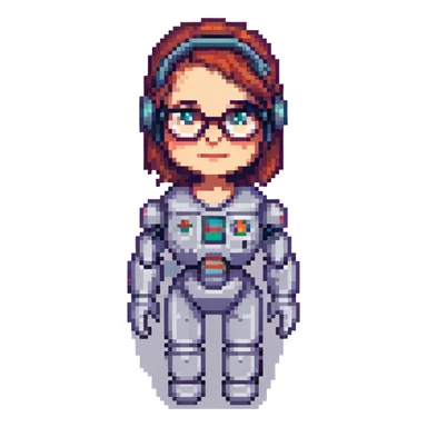 shoulders-up portrait of a cute female recruiter robot in 8-bit pixel art style, approachable, one hand raised, glasses sticker