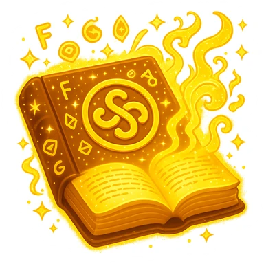 Make the mystic yellow book even more magical with sparkling magical energy, enchanted symbols, glowing effects, and a whimsical magical aura. Style it to resemble an apple emoji style. Keep no background. sticker