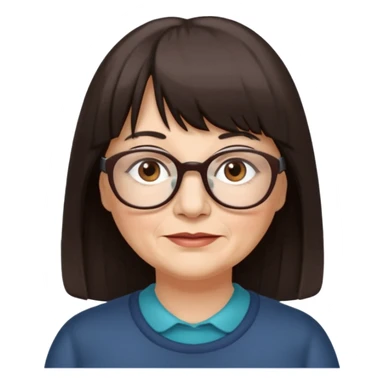 60 yr old woman, long hair, very small brown eyes, long hair, straight dark brown hair, bangs, chubby, long face sticker