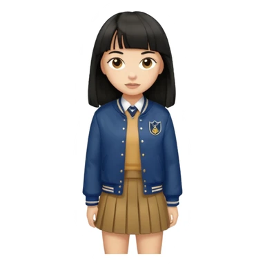 hair : black long hair with fringe 
skin : light 
cloth : brown varsity jacket + navy long long school girl skirt 


 sticker