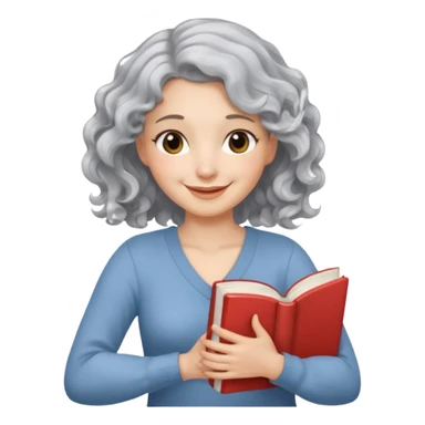 Silver hair, wavy/curly hair chin-length lady giving hug with 2 arms,  v-neck and smiling, add a favorite book sticker