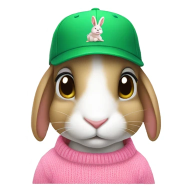 Rabbit is sitting wearing pink sweater and green baseball cap sticker