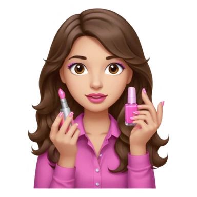 girl with long wavy brown hair, brown eyes, light to medium complexion, in a pink shirt, pink lips, long lashes, puckered lips,  painting long finger nails sticker