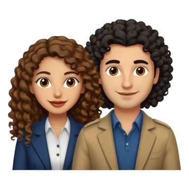 A Lebanese women with long brown hair and an Italian man with curly black hair looking at the camera smiling wearing nice modern but stylish clothing sticker