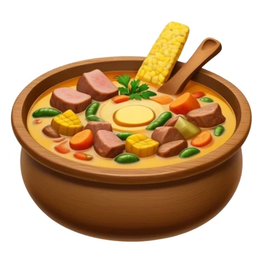 Cinematic Realistic Sancocho Soup Dish Emoji, featuring a rich, hearty stew with diverse meats and vegetables rendered with lifelike detail and warm, comforting lighting. sticker