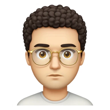 Man with square face, thick straight eyebrows, short curly dark hair, light facial scruff, serious neutral expression, wearing large square golden glasses sticker
