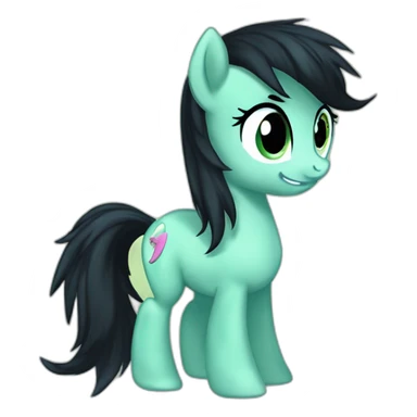 filly from equestria with a green coat and a black dishevelead mane and tail with a cutie mark with a cutie mark sticker