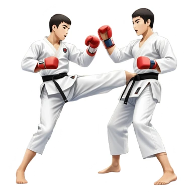 Two taekwondo fighters in traditional white doboks with black belts. One delivers a powerful kick, while the other defends by blocking with his knee. The background shows a professional arena with bright lights and an excited crowd. Transparent background highlights the intense action sticker
