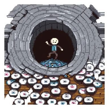 A stick figure falling into a pit full of vinyl records, like a 'Danger Zone' sign sticker