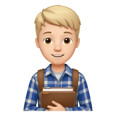 white teenage boy student, cheerful, wearing a plaid shirt, holding a notebook sticker
