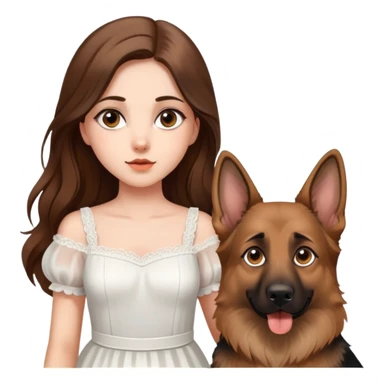 A beautiful girl with big eyes, fair skin, long brown hair with white dress and a German Shepherd dog sticker