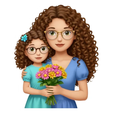 light skinned brunette long curly haired woman with green/hazel eyes framed with large round gold rimmed glasses holding big bright bunch of flowers with one hand and young kindergarten age daughter's hand (also with long brown curly hair) in other. White background. sticker