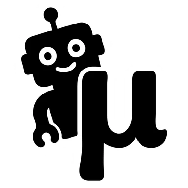 solid icon of a blue lowercase mu with a playful toy robot peeking from behind sticker