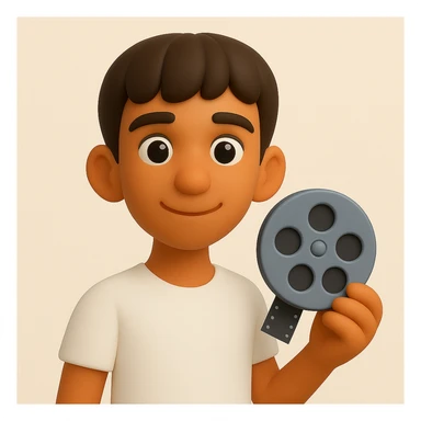 Make the man in the image slimmer and give him a kind face, while keeping the 3d-emoji style and retaining the cinema symbol in his hands. The style should resemble Microsoft style 3d fluent emojis. sticker