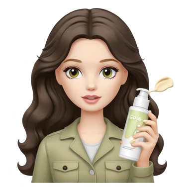 white Barbie girl with long wavy dark brown hair in pale olive clothes applying cream on face sticker