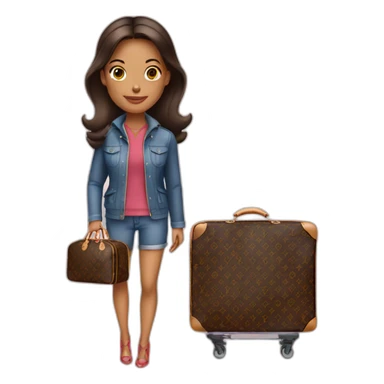 woman holding louis Vuitton travel bag with wheels sticker