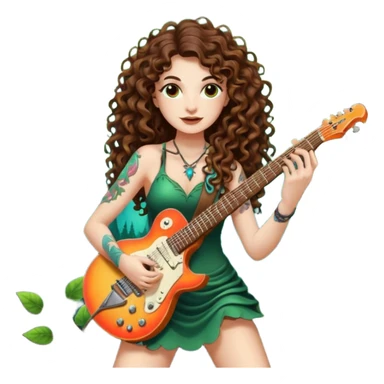 woman with long curly brown hair, brown eyes, white skin, tattoos, playing a root-shaped electric guitar that grows leaves from the strings, psychedelic glow, forest stage aura sticker
