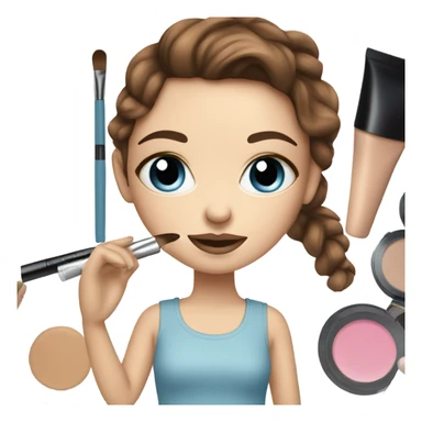 White girl blue eyes brown hair doing her makeup By makeup kit sticker