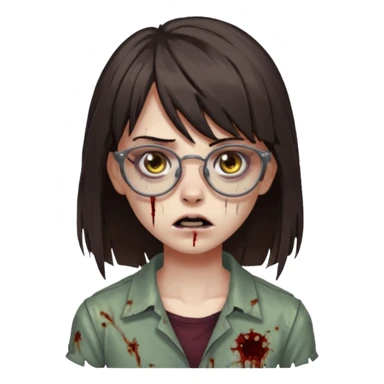 The basic iPhone emoji is a zombie girl with dark brown hair long below her shoulders bangs and a ragged haircut gray eyes glasses sticker