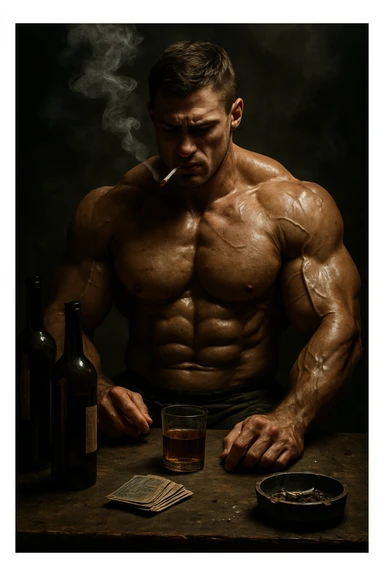 vertical realistic scene of a muscular bodybuilder surrounded by vices such as smoke, alcohol, and other harmful behaviors, dramatic atmosphere, natural details, 2:3 aspect ratio sticker