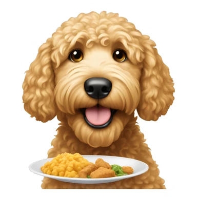 Golden doodle eating his food sticker