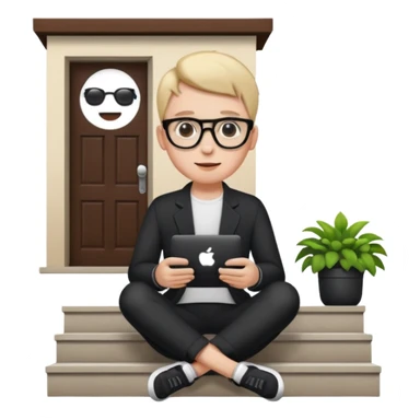 a home which has garden like and the home has slack emoji, where on the house steps, a blob holding black mac should sit and should look like wiork sticker