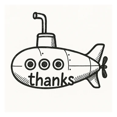 Make the yellow submarine look more like a classic submarine, keep the 'thanks' text, in a doodle style similar to hand drawn notion style doodles. sticker