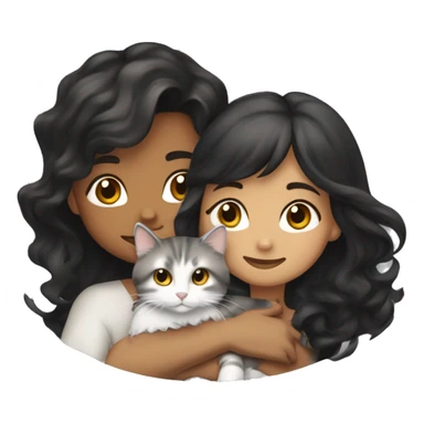 TAN SKIN GIRL with long black wavy hair and bangs HUGGING HER LIGHT BROWN, GRAY, and WHITE CALICO CAT  sticker