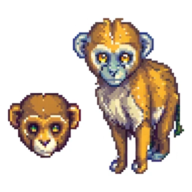 vervet monkey next to an impala head, simple and colorful pixel art sticker