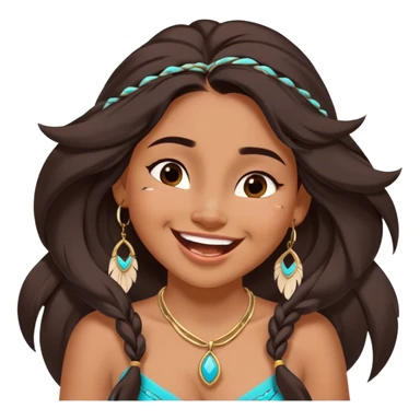 Cinematic Adorable Pocahontas Portrait Emoji, Laughing softly as Meeko tugs at her necklace, hair tousled in the wind, eyes full of warmth, a carefree spirit shining through, capturing the essence of beauty and playfulness! sticker