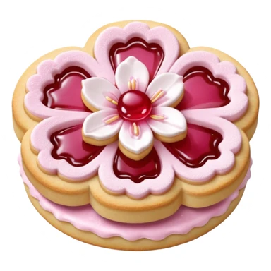 Realistic shortbread cookie in the shape of a cherry blossom with pale pink color jelly middle filling and sprinkled powder sugar on top. sticker