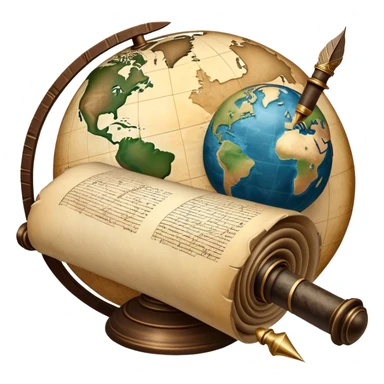 An icon featuring an ancient scroll, a quill pen, and a globe, symbolizing the study of history. The design includes a timeline with significant historical events, with ruins in the background to evoke past civilizations. Transparent background emphasizes the exploration of human history sticker