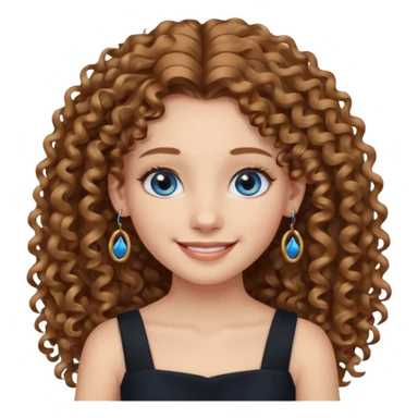 Girl with long light brown curly hair, blue eyes, black dress, hoops earrings. sticker