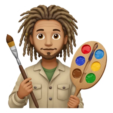 man artist with dreadlock, holding painter and color pallete sticker