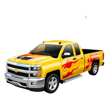 Yellow Chevrolet Silverado with elaborate airbrushed red flame pattern on hood and front quarter panels, screen-accurate Kill Bill truck artwork, 30-degree angle, iOS emoji style sticker
