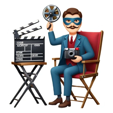 Icon for Acting: a theatrical mask, stage lights, a director’s chair, a script, a movie camera and a clapperboard, representing the craft of acting in theater and film. Famous actor-star. The design should reflect creativity, performance, and storytelling. Transparent background. sticker