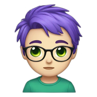 chibi, short blue and purple hair, green eyes, glasses, crying sticker
