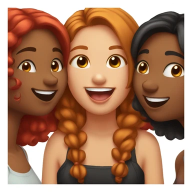 3 girls: one honey brown, black and red hair one making a kissy face, one giving a playful cheek kiss, and one smiling widely. Show a fun, happy vibe of friendship sticker
