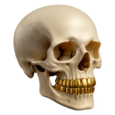 Add gold teeth to the 3d realistic skull, keep the white bone and dramatic lighting, with no background. sticker