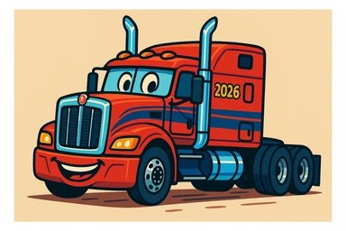 cartoon semi truck 2026 Kenworth W680 flattop sleeper with chrome stacks, cheerful and dynamic sticker