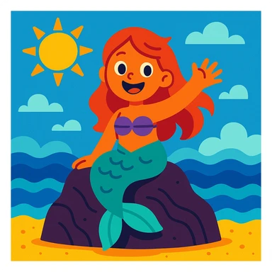 A cheerful little mermaid sitting on a rock, waving to the viewer, with a big smile, in a colorful illustration style. sticker