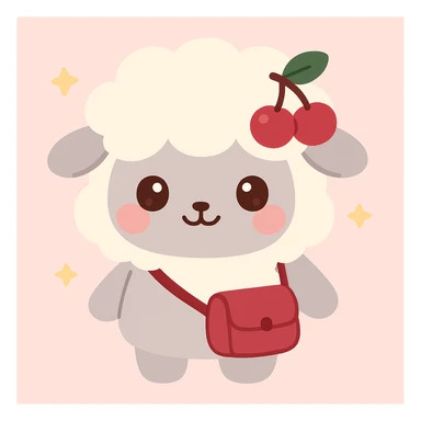 kawaii sheep with creamy white wool, pastel gray body, cherry pink blush, dark brown eyes with highlights, cherry hair clip deep cherry red green leaf, cherry red satchel accessory sticker