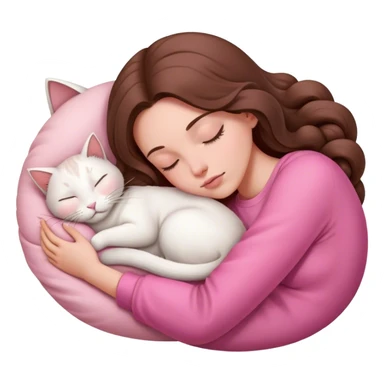 A pretty white girl with very long brown hair and pink clothing sleeping curled up to a white cat  sticker