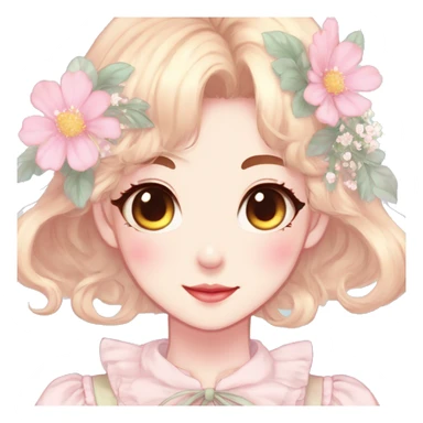 Gorgeous pastel anime style lady with blushing face and flowers cottagecore fairycore pastelcore colorful pearly romantic simplistic aesthetic trending style sticker