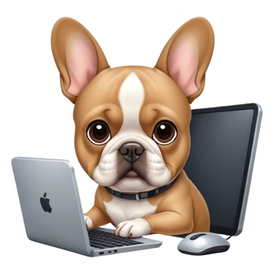 Fawn french bulldog working behind computer sticker