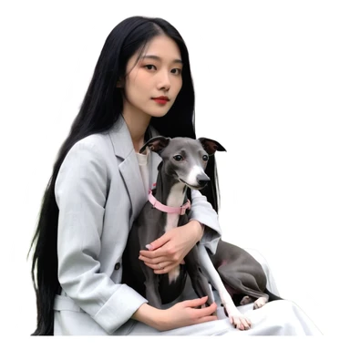 A very beautiful and attractive 25-year-old Chinese woman with long flowing black hair and a pure solid dark grey Italian Greyhound with ABSOLUTELY NO white markings anywhere on its body sitting under a cherry blossom tree. The dog must be completely solid dark grey with no white on chest, no white on muzzle, no white on paws - entirely one solid dark grey color. sticker