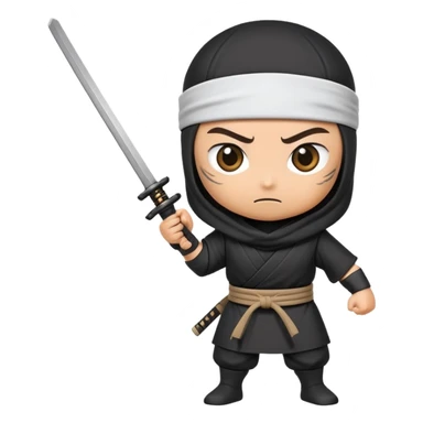 A takeout coffee cup with cartoon eyes, a ninja headband around its lid, and holding a katana in a battle stance sticker