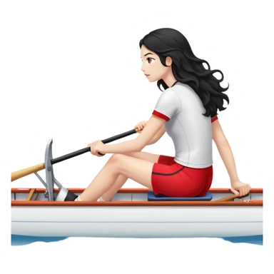 girl with long black wavy hair, white skin, wearing red shorts and white short-sleeve t-shirt, sitting in a long and thin racing boat suitable for Olympic rowing, rowing, boat and girl facing right in profile sticker